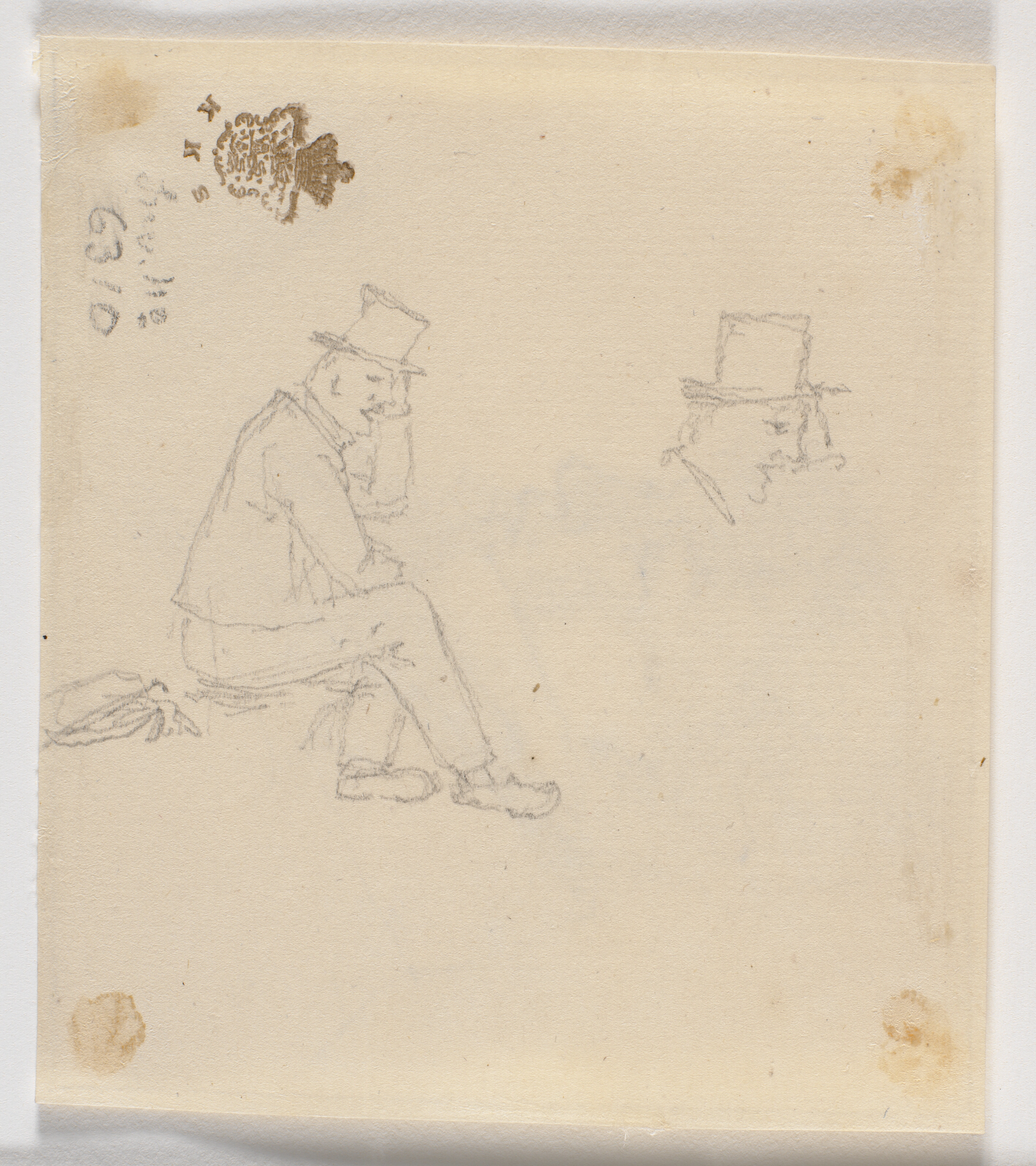 Figurrids af siddende mand, t.h. rids af hans hoved